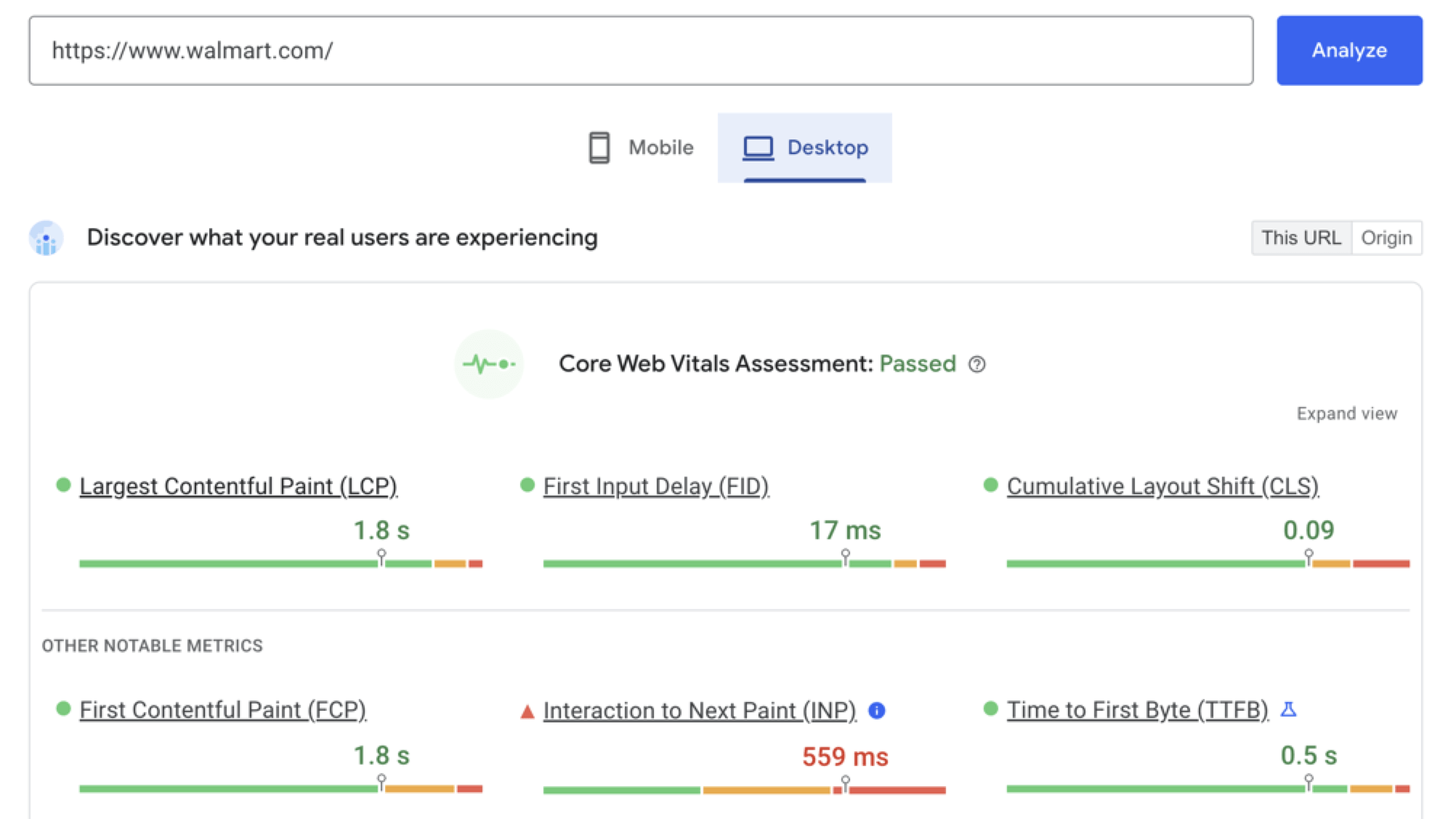 PageSpeed Insights results for Walmart.com, showing results for the Core Web Vitals assessment