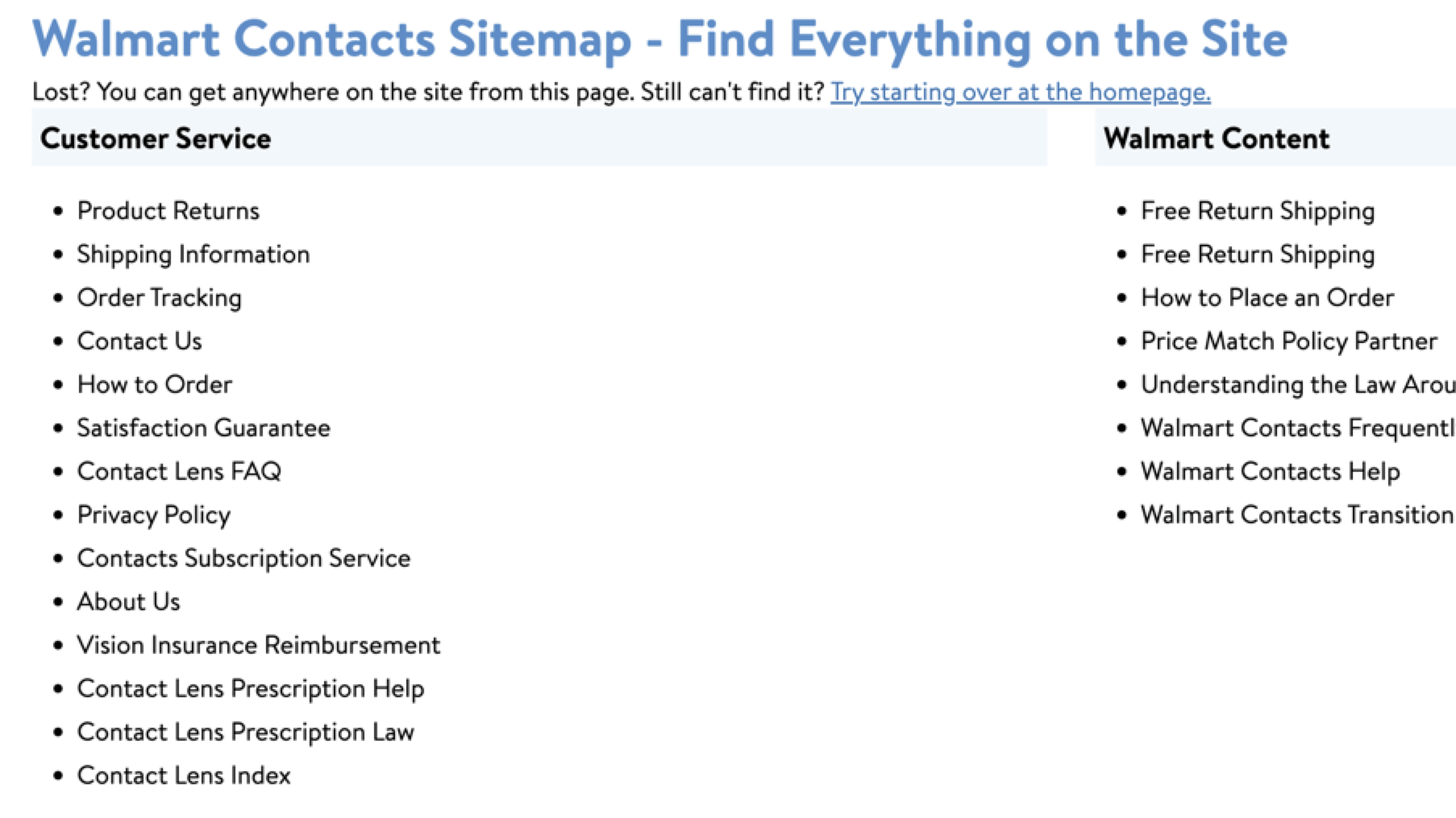 Walmart's sitemap, which includes categories containing bullet point lists of links