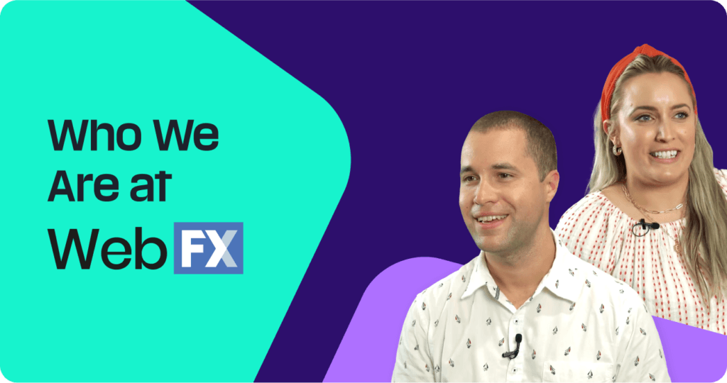 Duas pessoas sorridentes com o texto &quot;Quem somos na WebFX&quot; e o logótipo da WebFX.