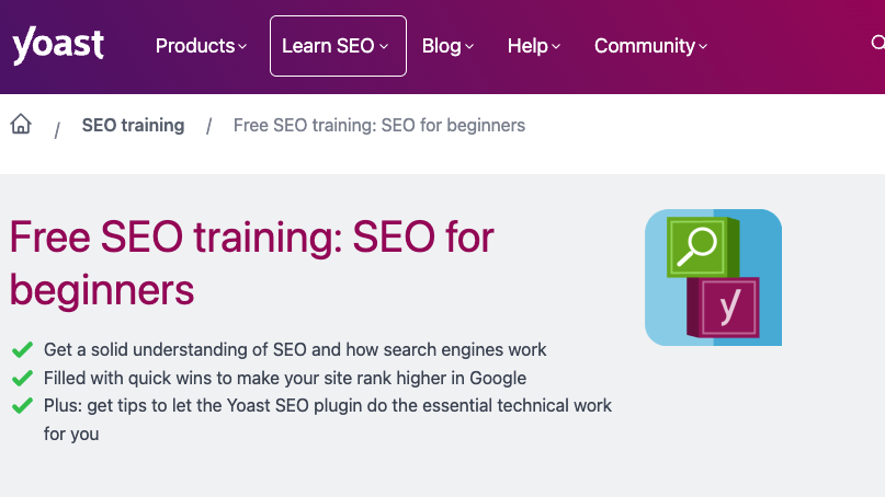 Yoast "Free SEO training: SEO for beginners" course page