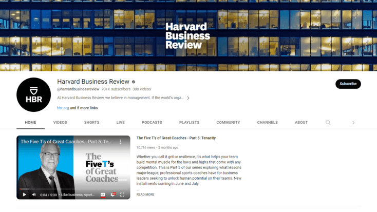 Harvard Business Review's YouTube channel page