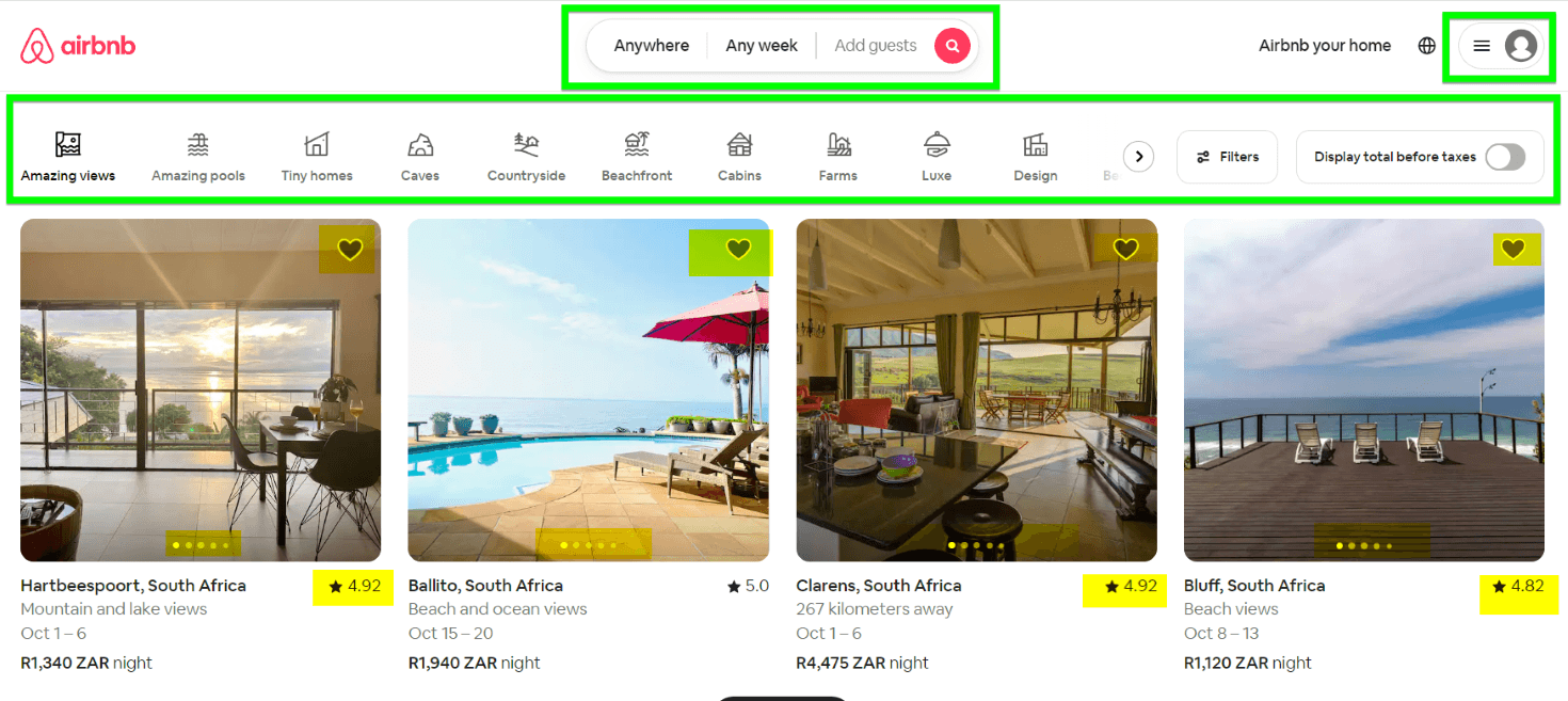 AirBnB landing page includes intuitive, visual filters, star ratings for each listing, and the ability to view multiple photos and "heart" a listing directly from the landing page