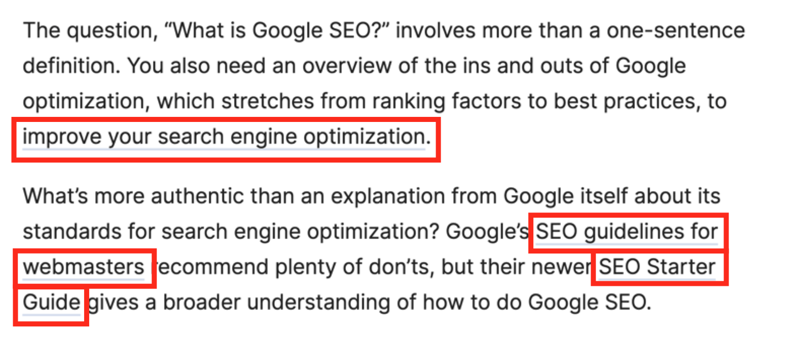 Excerto de artigo com texto âncora sobre "melhorar a otimização dos seus motores de busca", "directrizes de SEO para webmasters" e "Guia de iniciação a SEO"