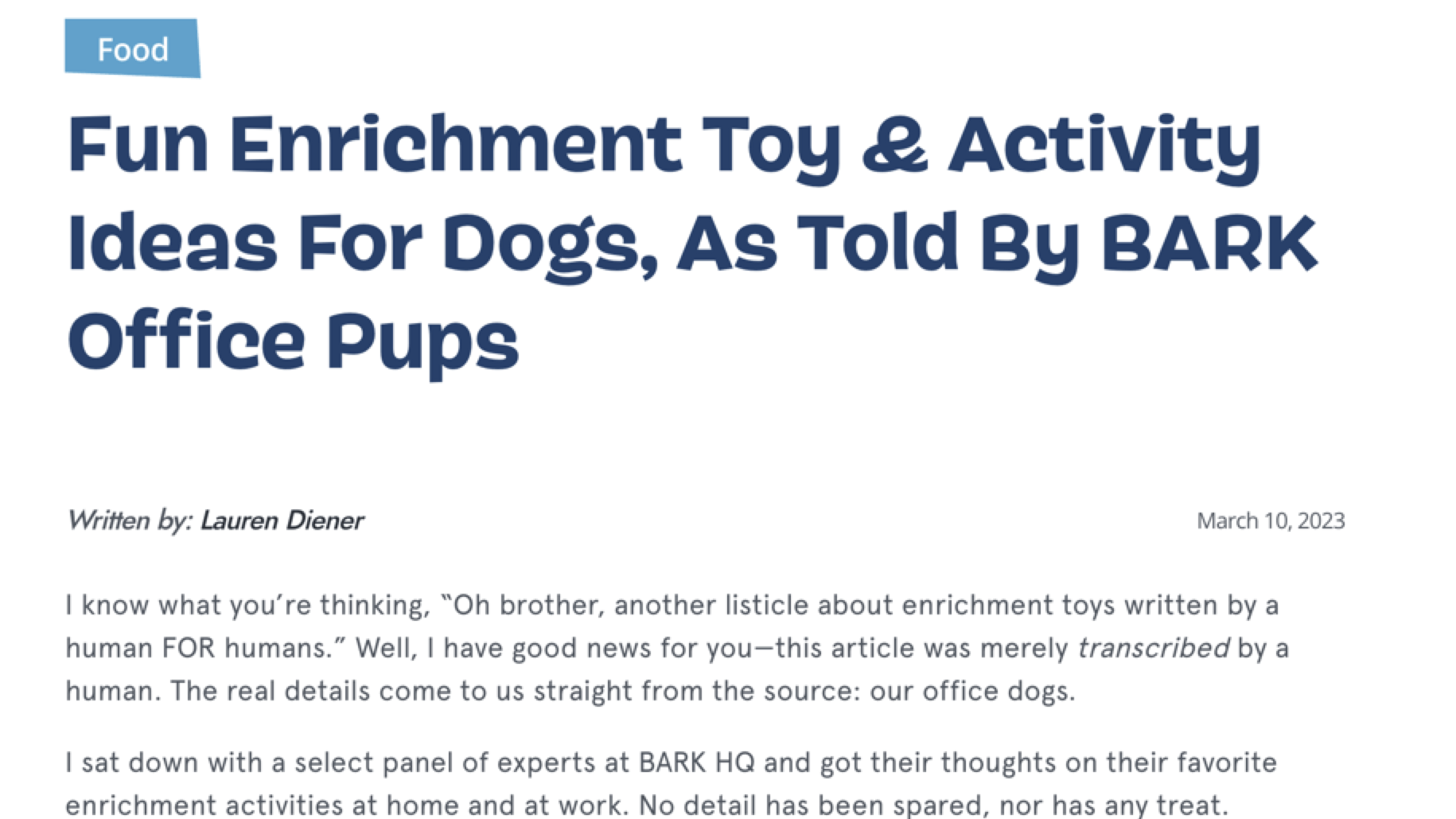 The title and intro of a listicle post from BarkBox, about enrichment ideas for dogs