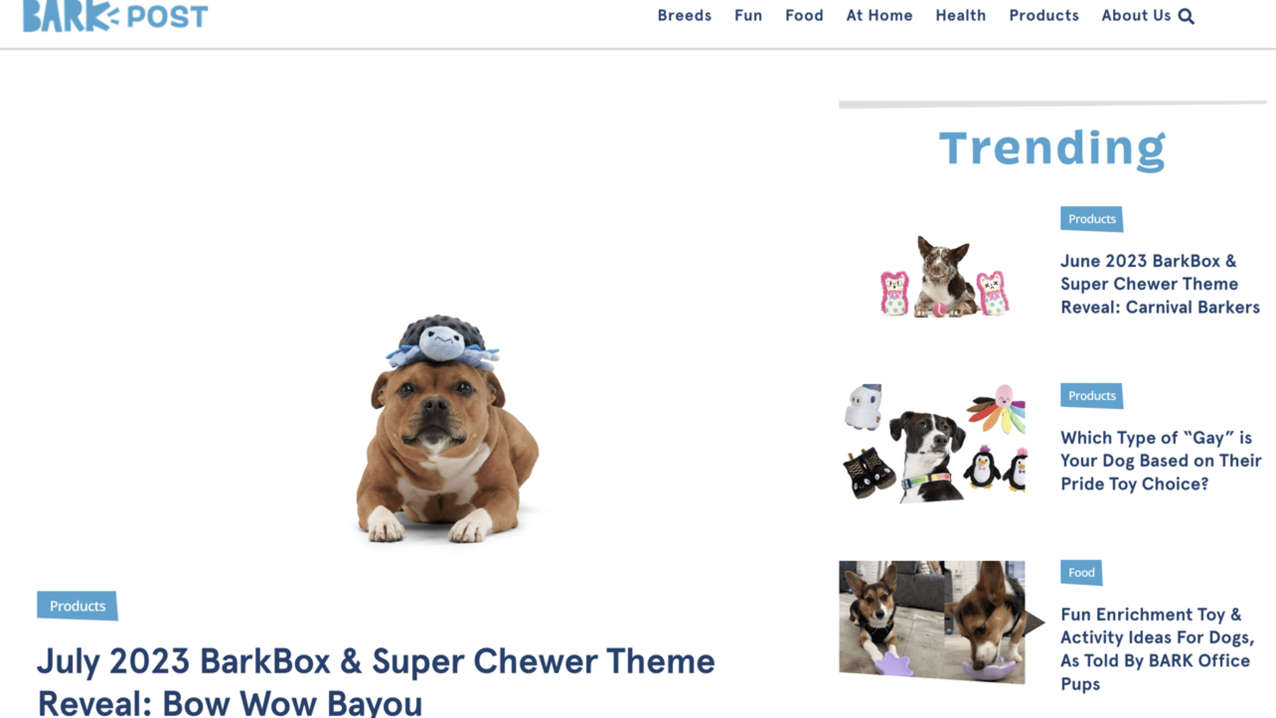 BarkPost homepage, which includes a featured blog post and a list of trending posts to the right