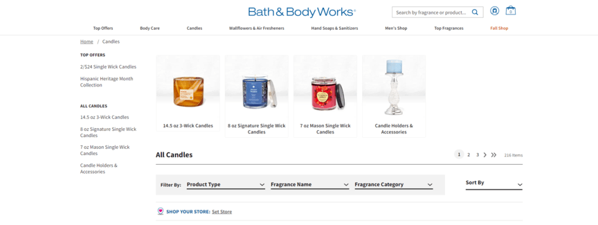 Bath & Body Works category page for candles