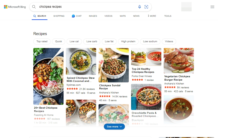 Bing SERP for "chickpea recipes" includes several recipe pages with featured images