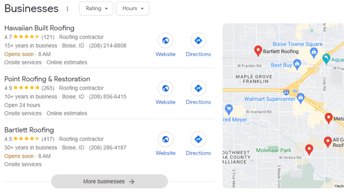 3-pack of Boise roofing businesses listed alongside a map