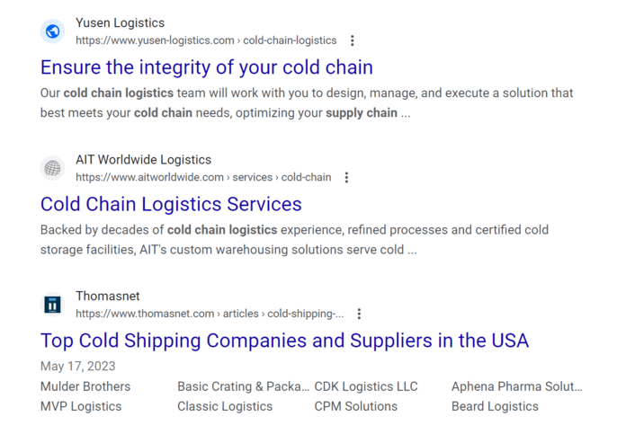 Cold chain logistics SERPs