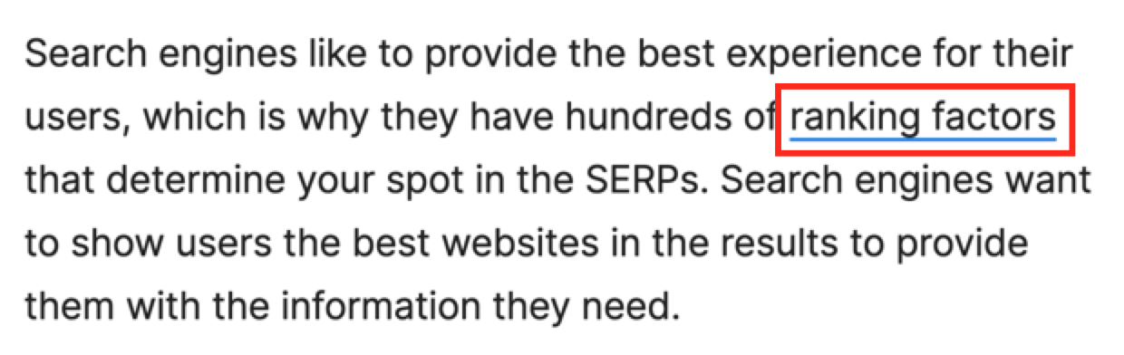 Paragraph that includes a link on the phrase "ranking factors"