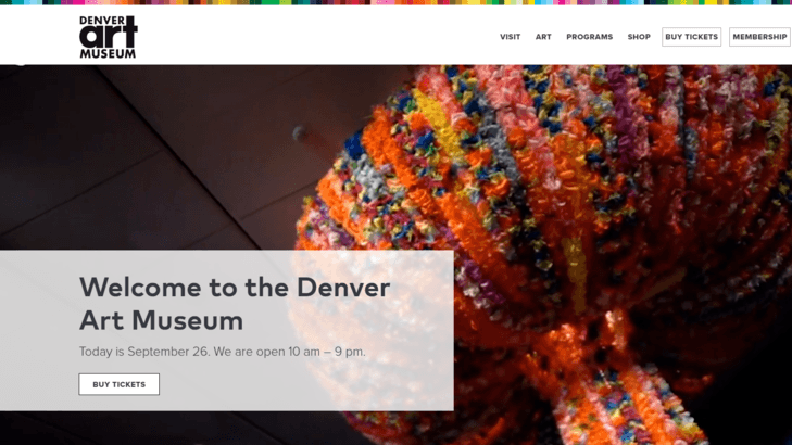 Denver Art Museum homepage on desktop includes wider content to fit the screen a full navigation menu
