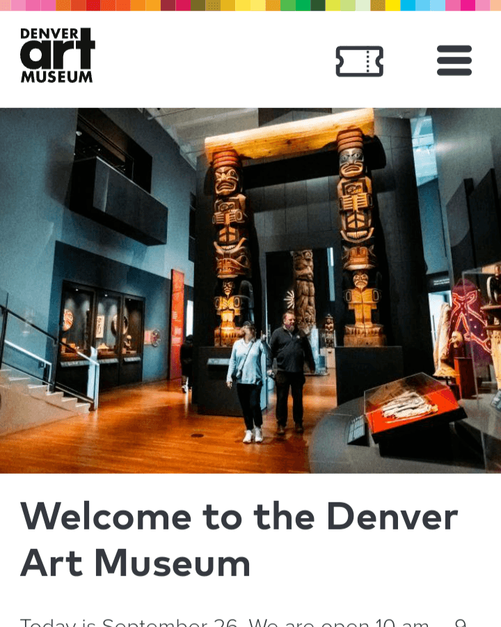 Denver Art Museum homepage on mobile includes condensed content to fit the smaller screen and a hamburger menu