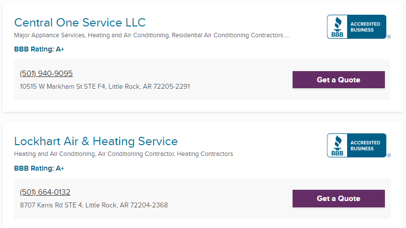 AC contractor listings on BBB