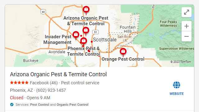 Pest control business listing on Bing