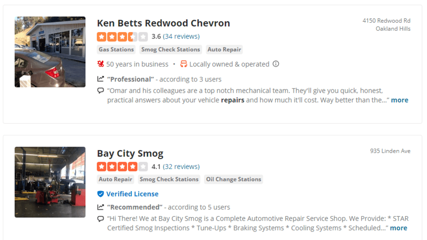 Auto repair business listings on Yelp