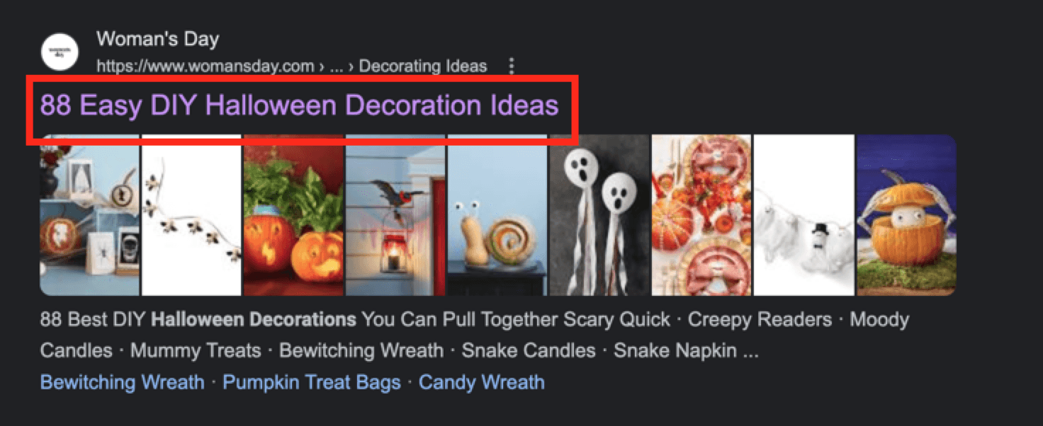 Title tag example, "88 Easy DIY Halloween Decoration Ideas," in a search result from Woman's Day