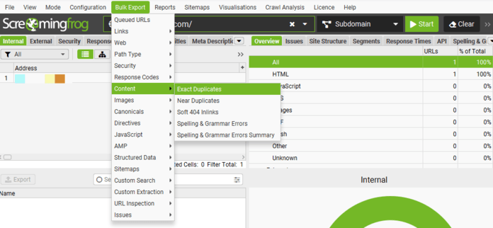 Screaming Frog Bericht über doppelten Inhalt