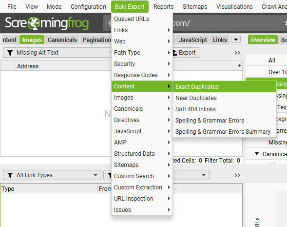 Screaming Frog duplicate content report