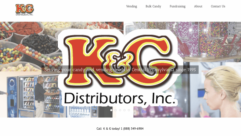 Homepage for K&G Distributors, Inc., which showcases their logo and a CTA to call them