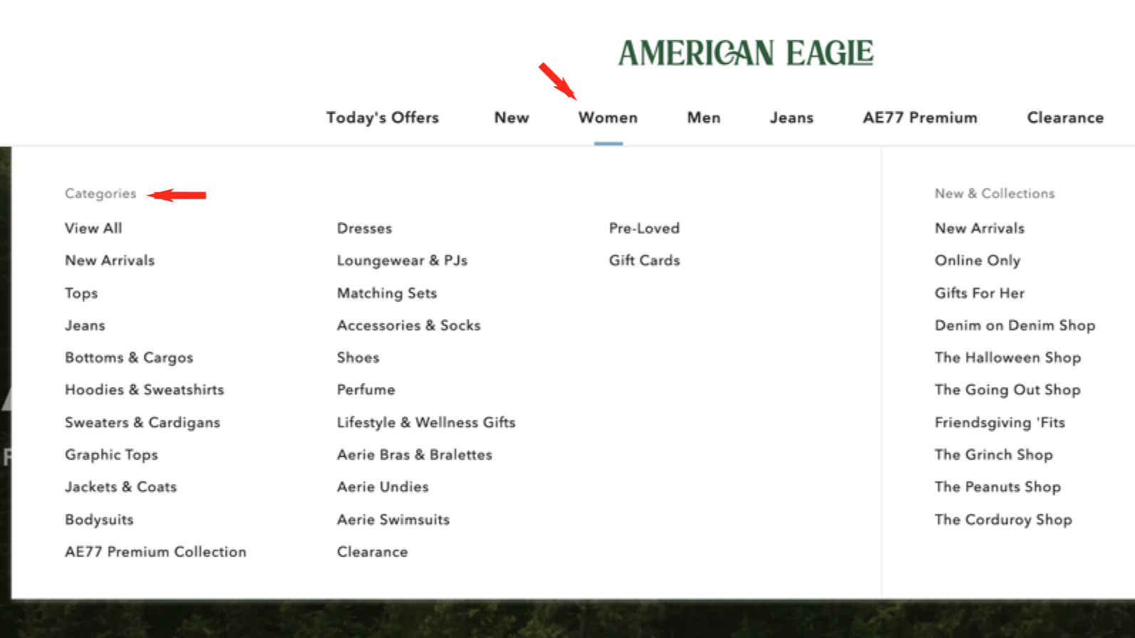 The category "Women" on American Eagle's main navigation menu includes subcategories such as "Tops" and "Jeans"