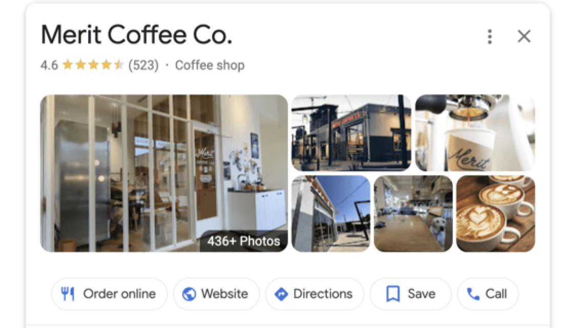 Google Business Profile for Merit Coffee Co., which includes a star rating, photos, and business links