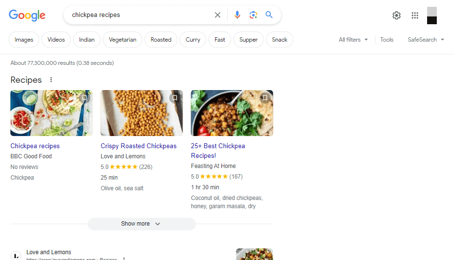 Google SERP for "chickpea recipes" shows three recipe pages with featured images