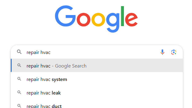 As sugestões do Google para "reparação de AVAC" incluem pesquisas como "reparação de sistema AVAC"