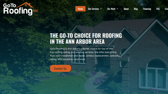 GoTo Roofing homepage on desktop includes full-width content across the screen and a full navigation menu