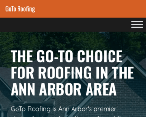 GoTo Roofing on mobile includes condensed content to fit the smaller screen and a hamburger menu