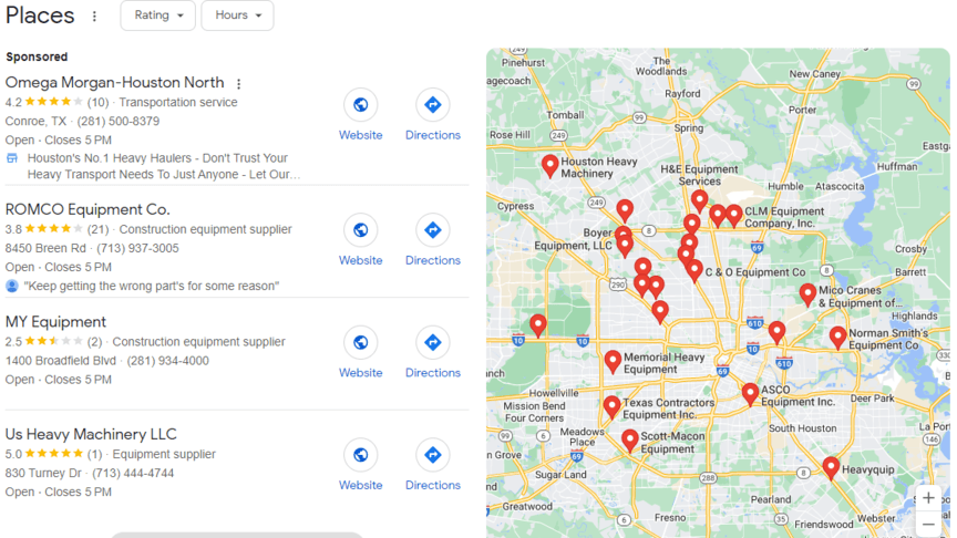 Search results for nearby equipment companies listed alongside a map