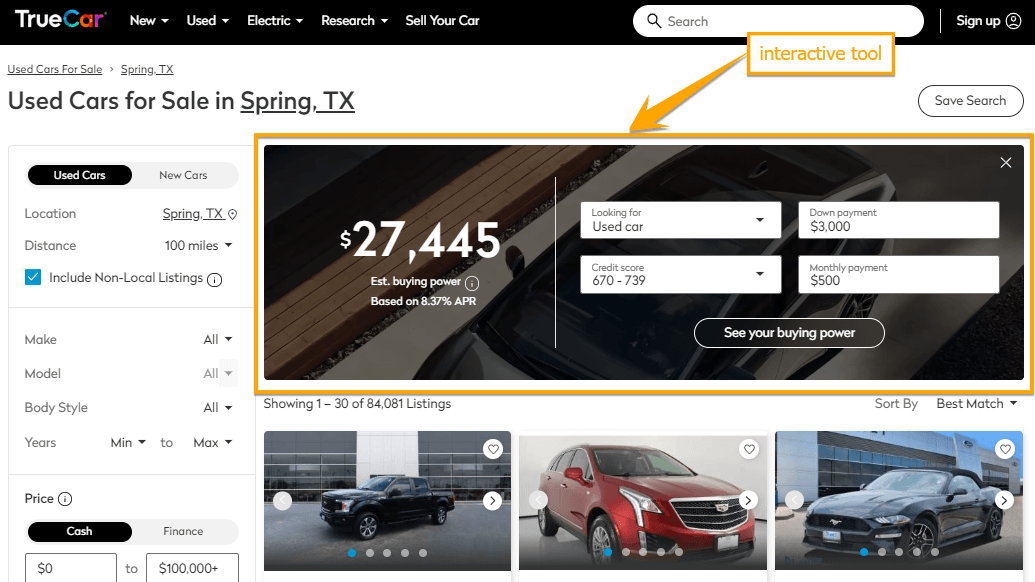 Buying power calculator tool on a TrueCar page