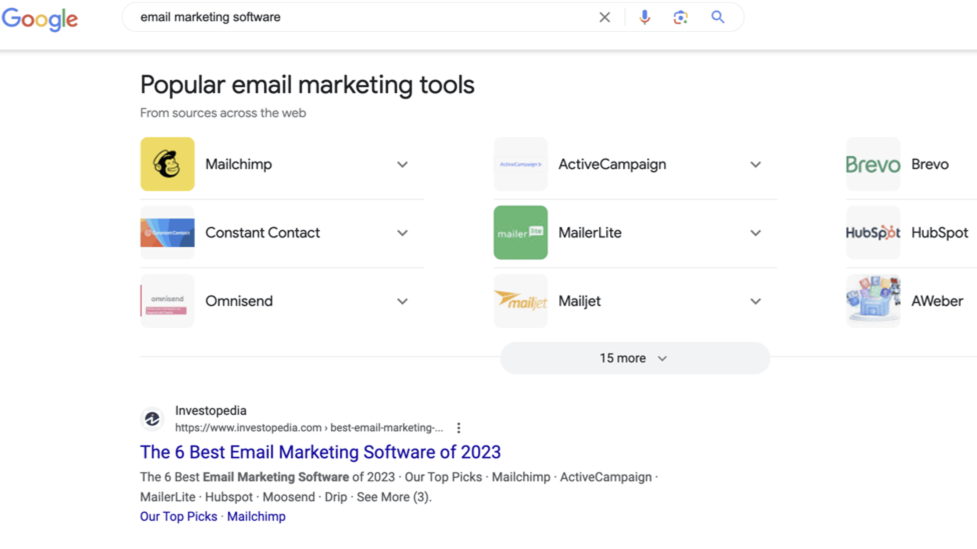 Search results for "email marketing software" list email marketing tools, followed by a listicle article for the best email marketing software