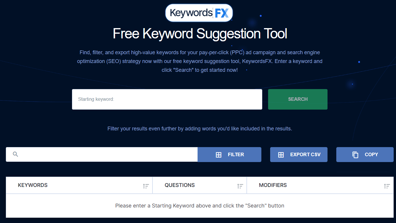 KeywordsFX kostenloses Tool für Schlüsselwortvorschläge