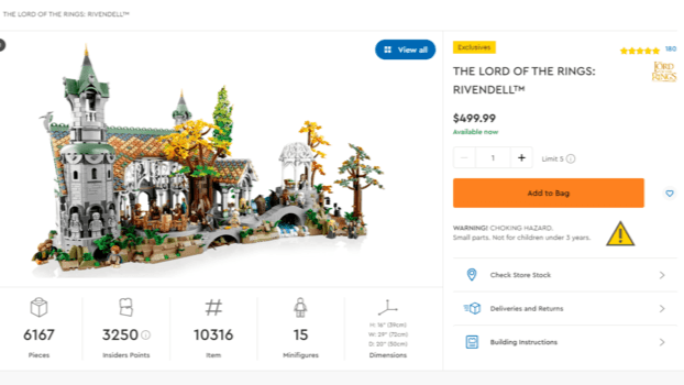 La page du produit Lego Rivendell sur le bureau affiche une photo du produit et des informations côte à côte.