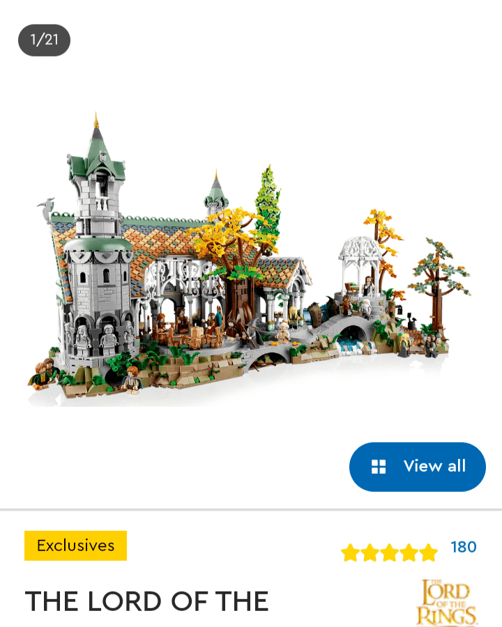 A página do produto Lego Rivendell no telemóvel apresenta uma imagem do produto acima das informações do produto