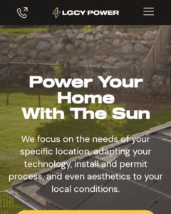 LGCY Power homepage on mobile includes a hamburger menu and content condensed to fit the screen size