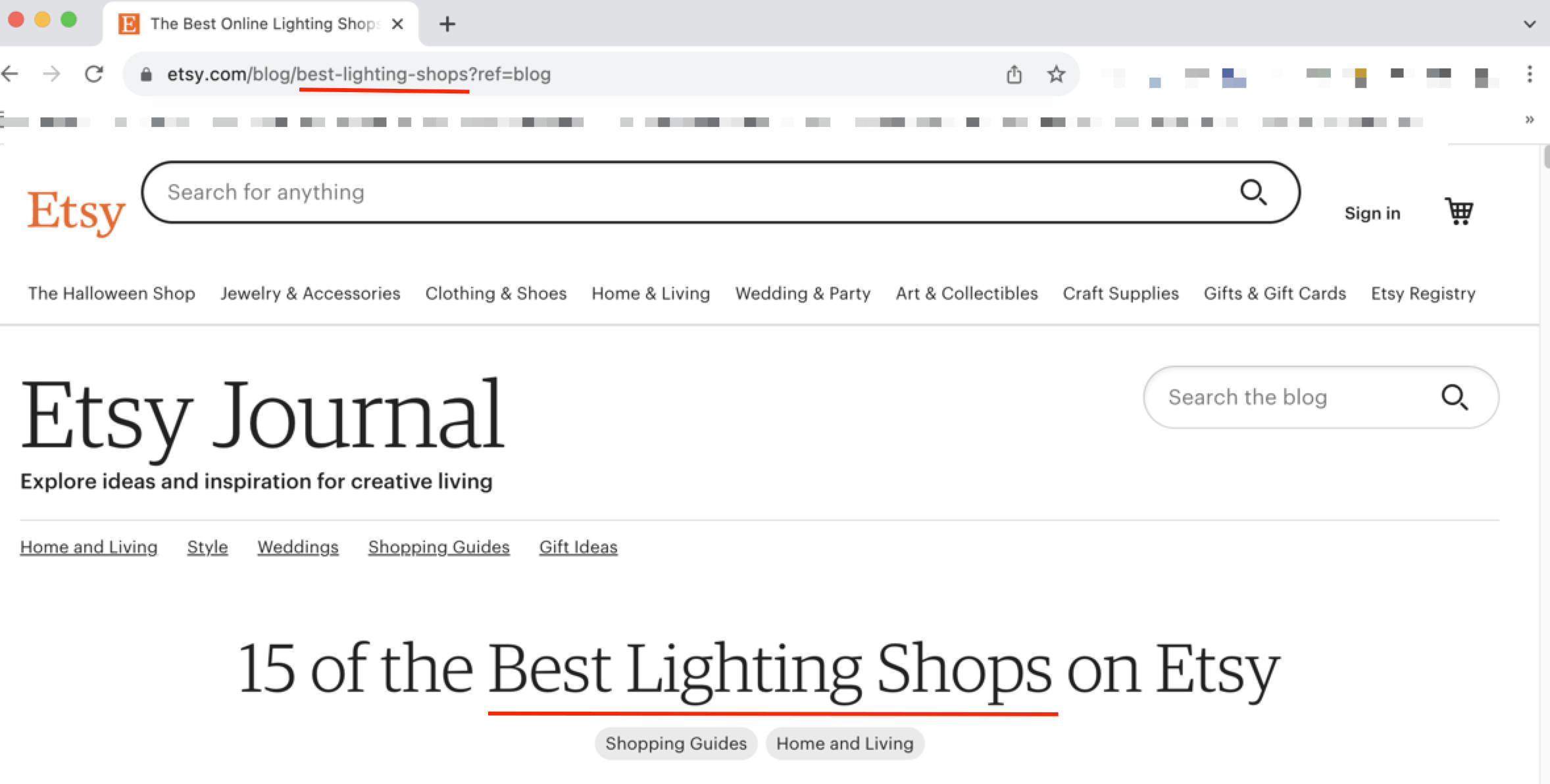 Etsy blog post about the best lighting shops, which includes the keyword in the URL and title