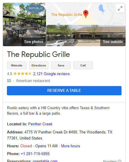 local business result for The Republic Grille, including images, star rating, business info, and links