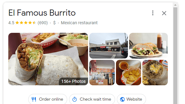 O perfil comercial do El Famous Burrito no Google tem 690 avaliações e uma classificação média de 4,5 estrelas