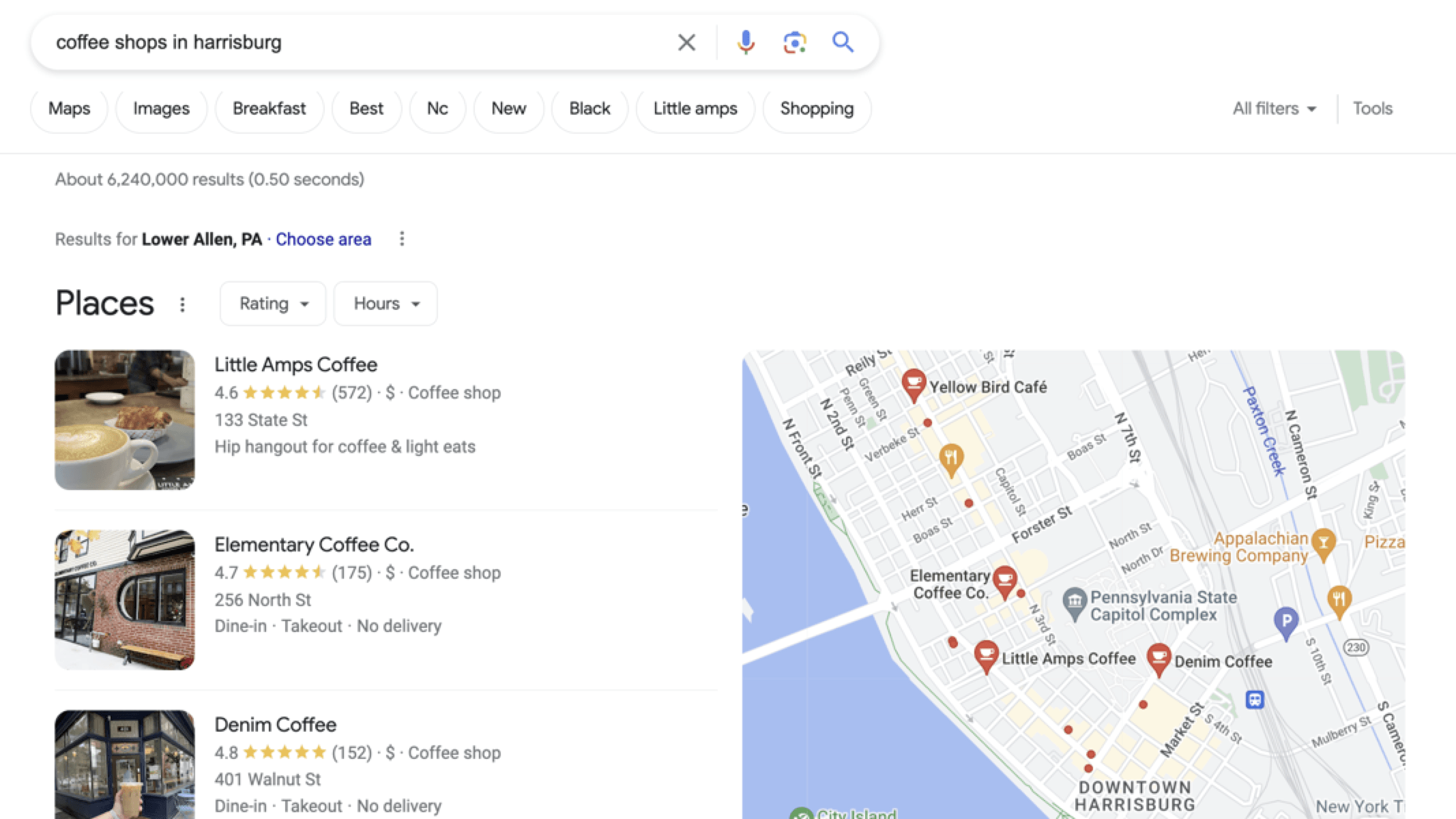 Search results for "coffee shops in harrisburg" list nearby businesses next to a map showing where they are