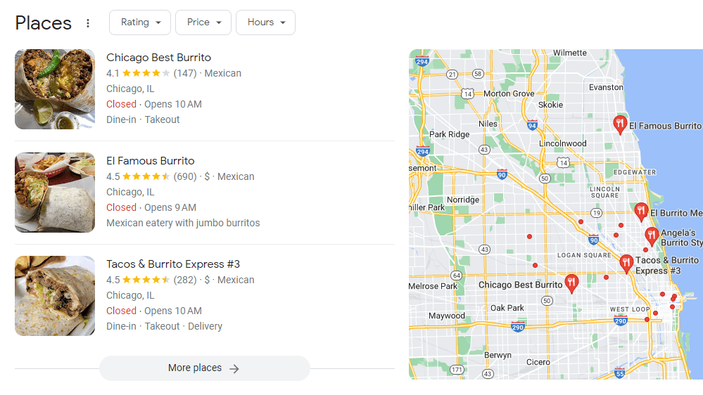 Lokale Suchergebnisse für Burrito-Restaurants in Chicago bieten eine Liste von Restaurants sowie eine Karte