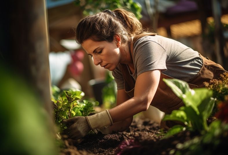 Mulher fazendo jardinagem ao ar livre.