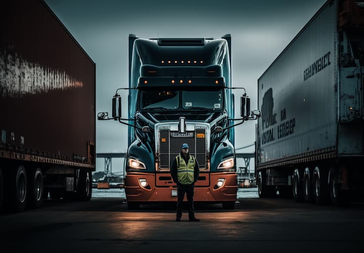 Trucker in hi-vis gear in front of a big truck at dusk