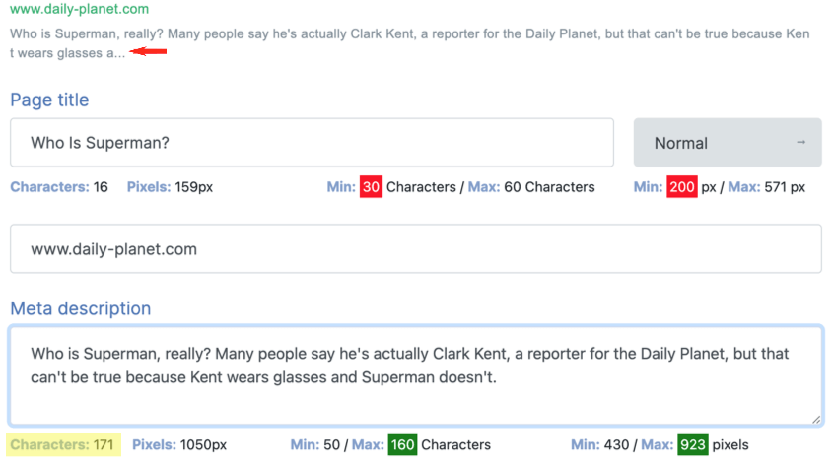 A preview tool shows that a meta description will be cut off, and reveals that it has too many characters