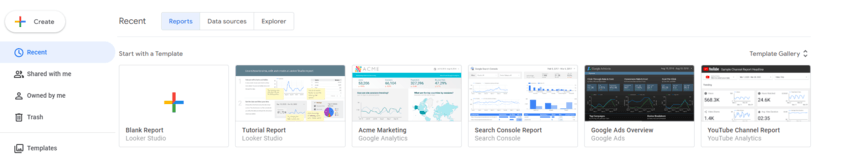 looker studio dashboard showing report templates