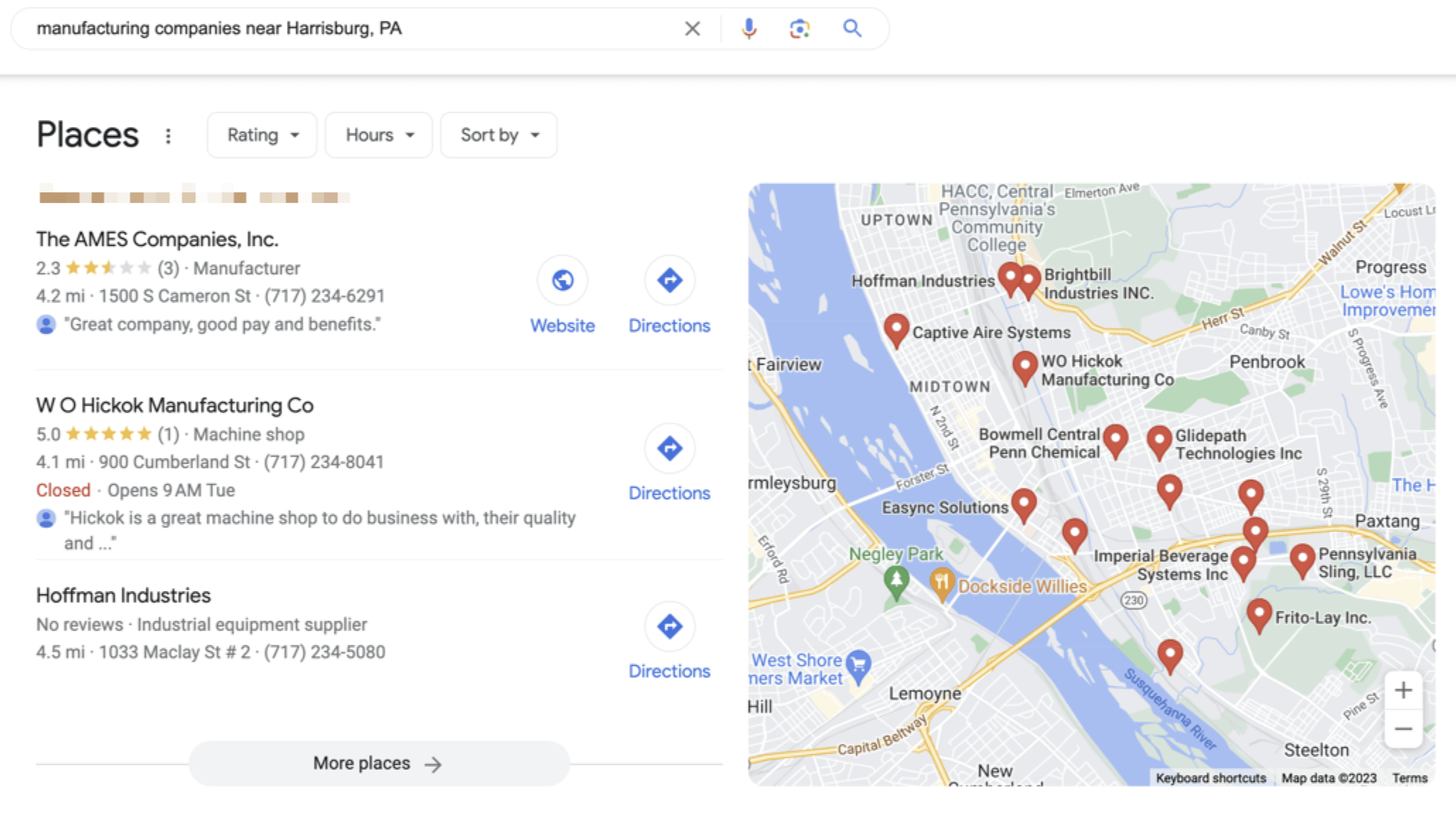 Search results for "manufacturing companies near Harrisburg, PA" lists nearby businesses next to a map showing where they are