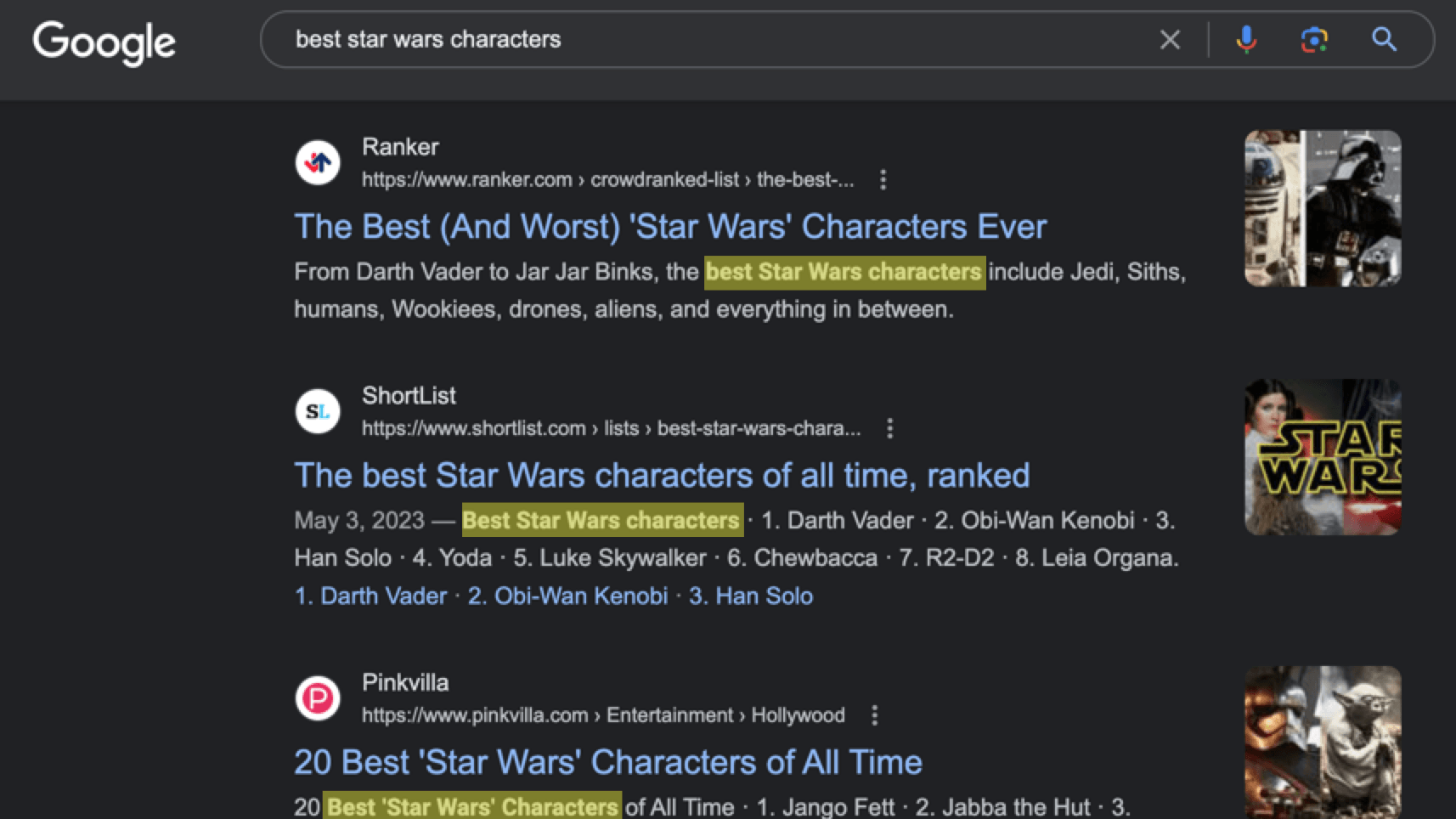 The top search results for "best star wars characters" all have meta descriptions that mention the search term