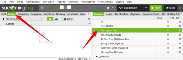 Screaming Frog missing alt text report