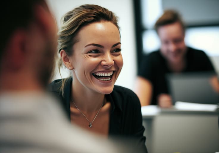 a woman is laughing while sitting at a table with other people.