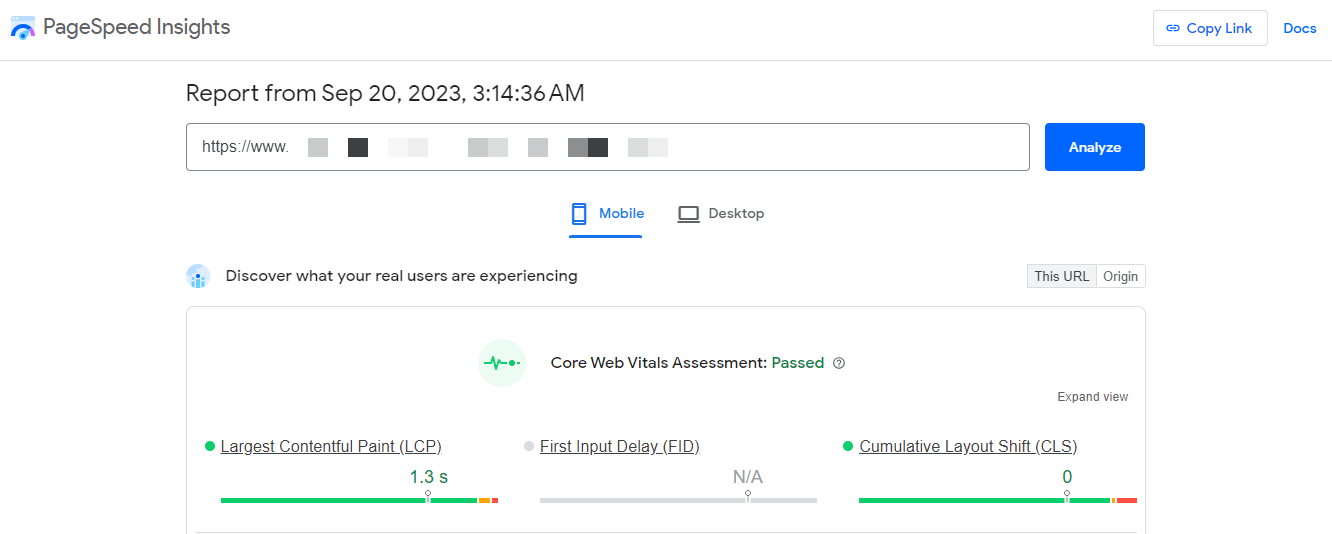 Mobile Core Web Vitals Assessment results